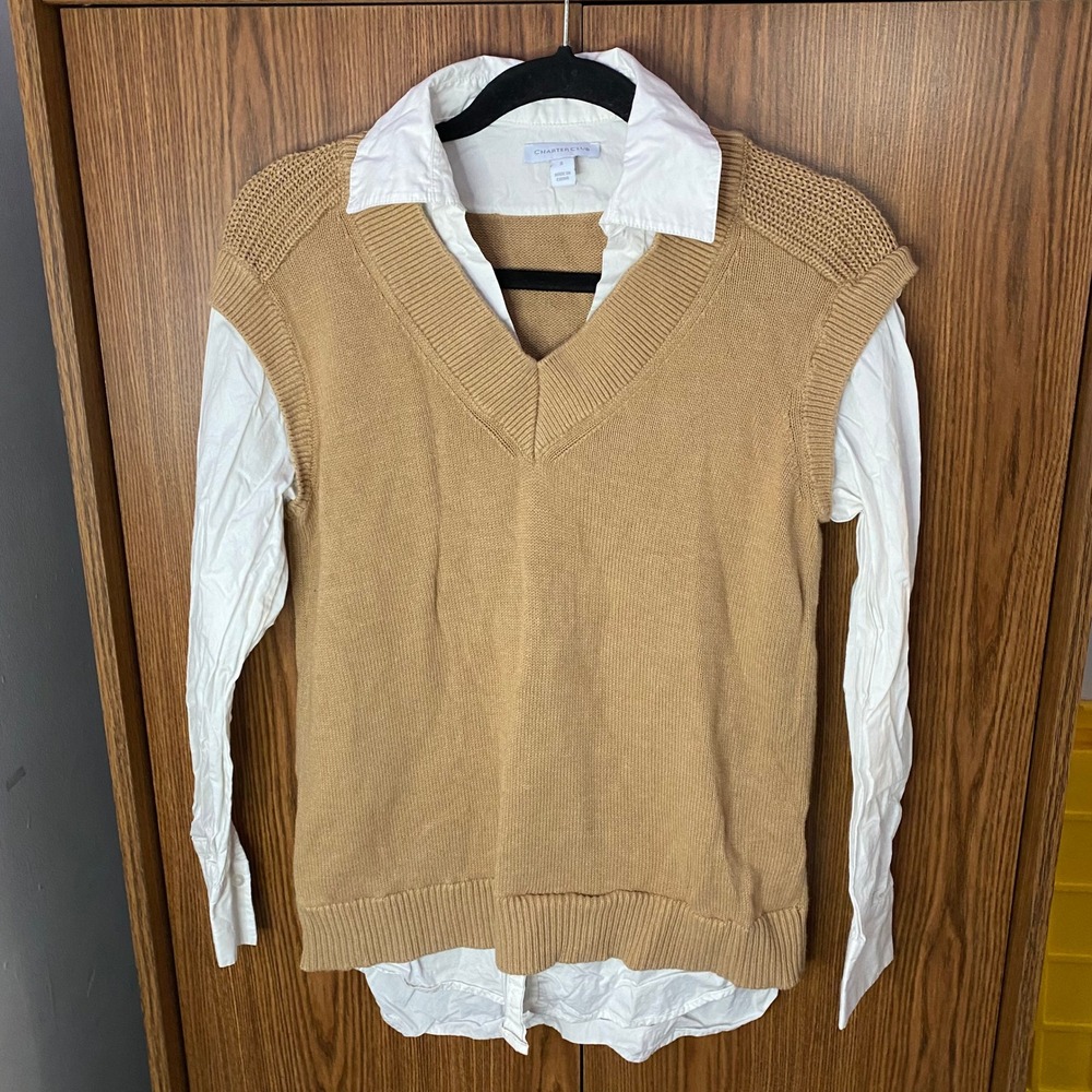 Charter Club Layered Sweater Vest Shirt‎ Womens Small Tan White V-Neck Top